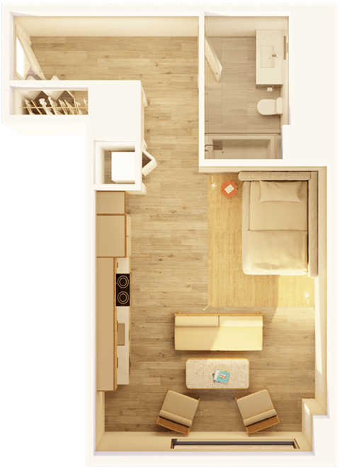 Floor plan for studio, 1 bath, 567 sqft